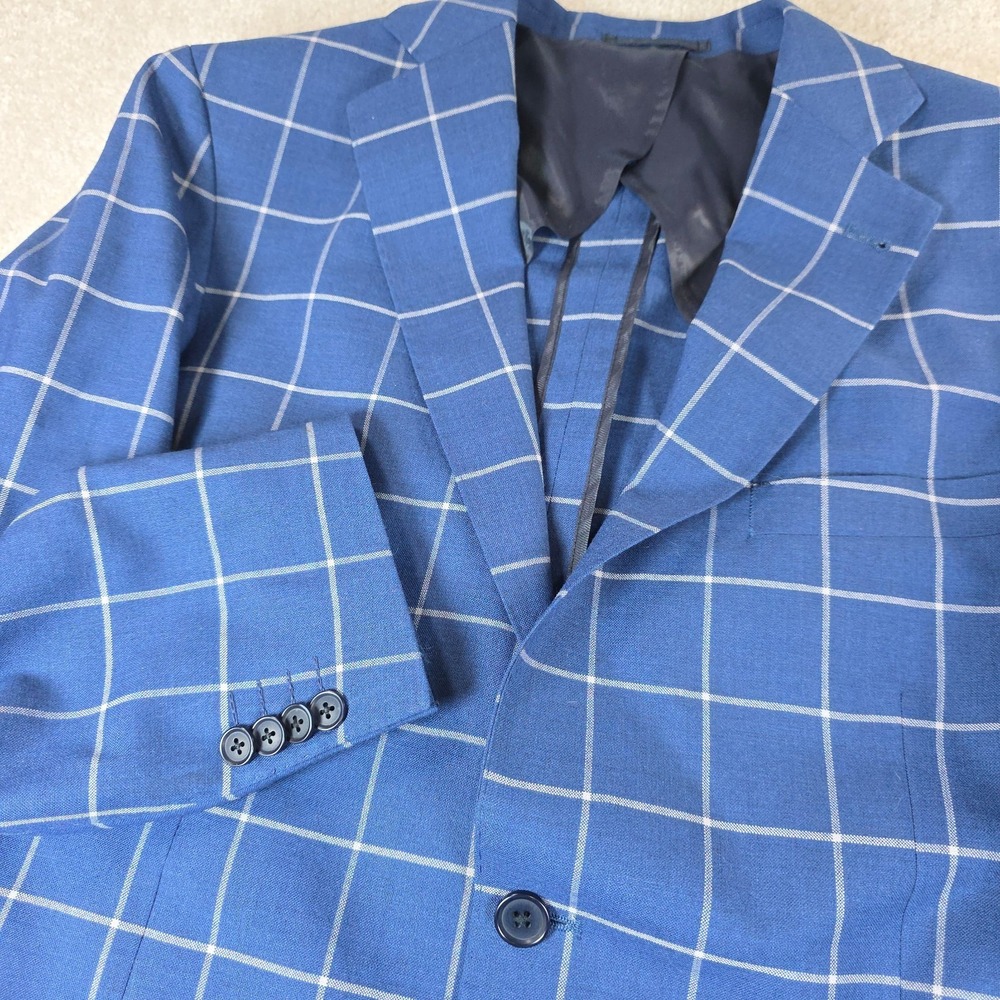 Byron Mens Blazer 44R Blue Windowpane Check Wool Slim Fit Sport Coat